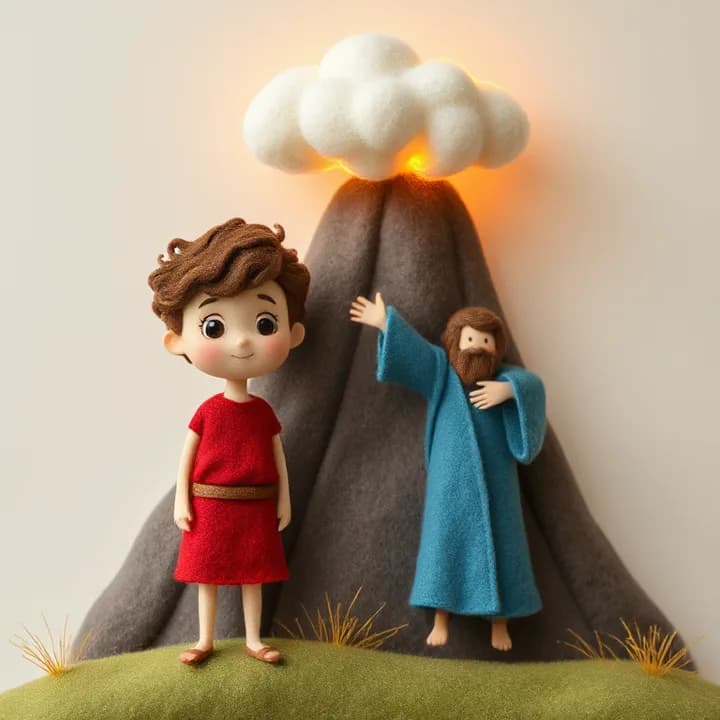 Felt and wool illustration: A boy with curly hair and a red tunic stands with wide eyes at the base of a smoking mountain. Moses in a blue robe waves his arms, while a fluffy cloud with glowing edges hovers above.