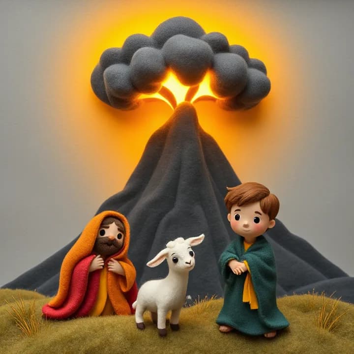 Felt and wool illustration: A dark storm cloud with glowing yellow light pulses above a trembling mountain. People in colorful robes cower under their blankets, while a boy clutches a goat's leg, wide-eyed.