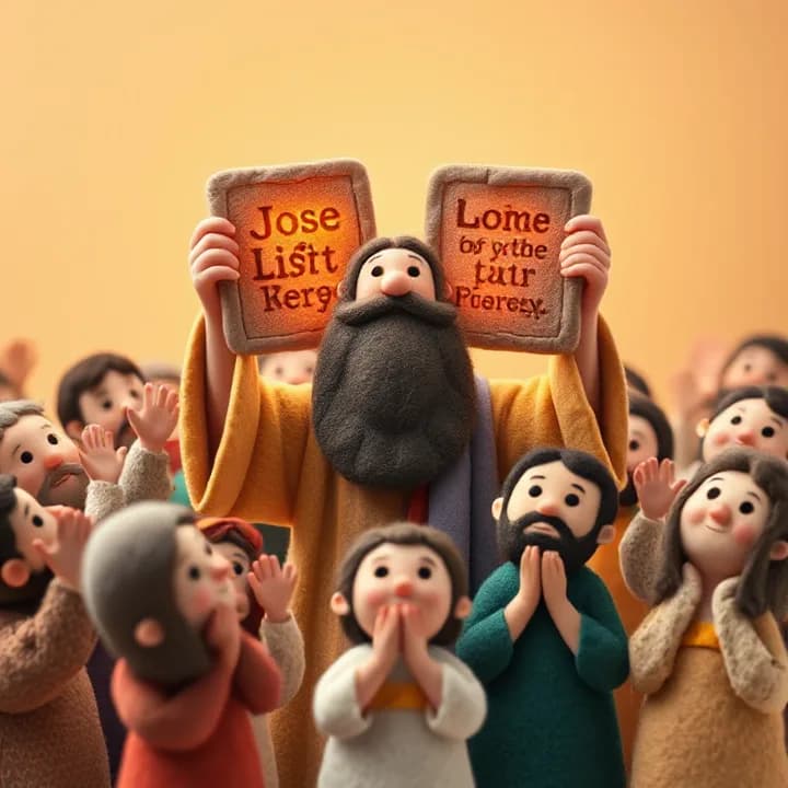 Felt and wool illustration: Moses holds two stone tablets with glowing text. A crowd of people in different colored robes looks up, some with hands raised in joy, others covering their mouths in wonder.
