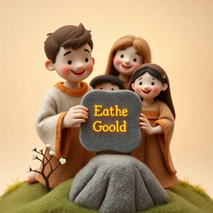 Felt and wool illustration: The same boy now holds a small stone tablet, tracing the glowing words with his finger. A family smiles around him, with a tree growing from the mountain base showing spring leaves.