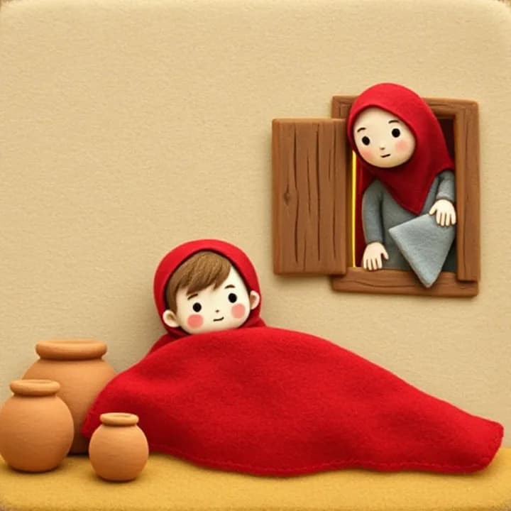 Felt and wool illustration: Two boys in plain clothes hide under a red blanket in a room with clay jars. A woman in a red headscarf leans over a wooden window, listening to shouting outside.
