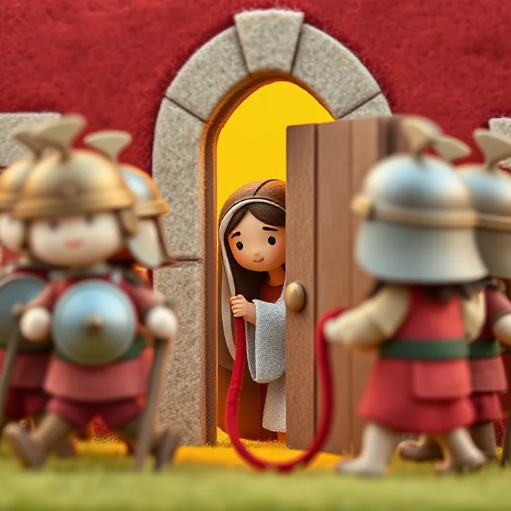 Felt and wool illustration: Soldiers in bronze helmets march outside a red-walled house, knocking on the door. The woman peeks through the door, face pale, holding a red rope.