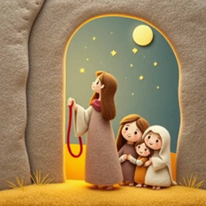 Felt and wool illustration: The woman stands in the doorway, holding a red rope, looking at the stars. Her family huddles behind her, faces lit by the moonlight.
