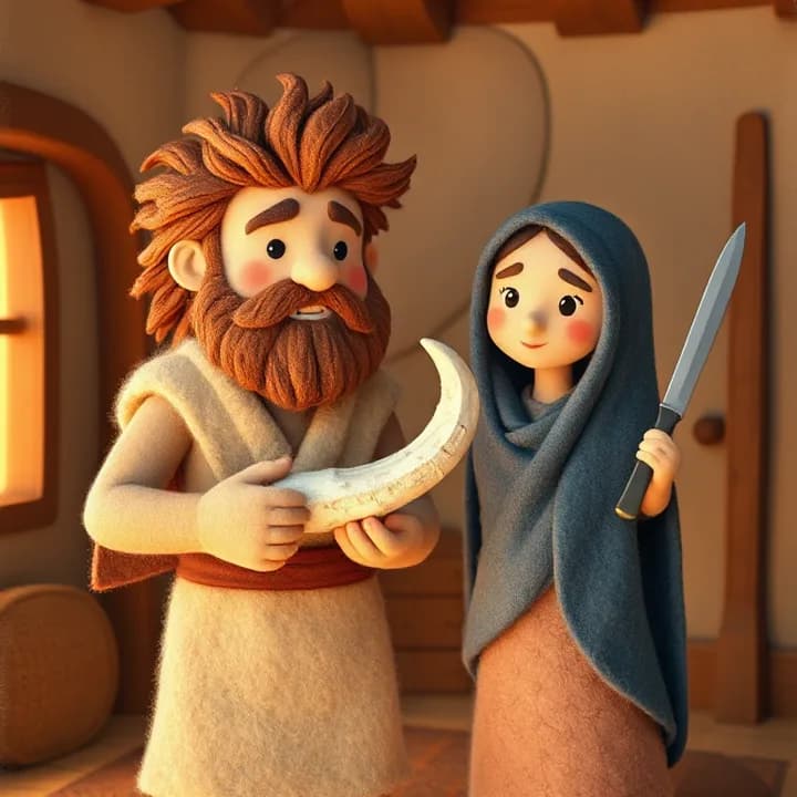 Felt and wool illustration: A strong man (Samson) with wild hair, holding a donkey's jawbone, standing in a room with a woman (Delilah) holding a razor. Warm colors and exaggerated expressions.