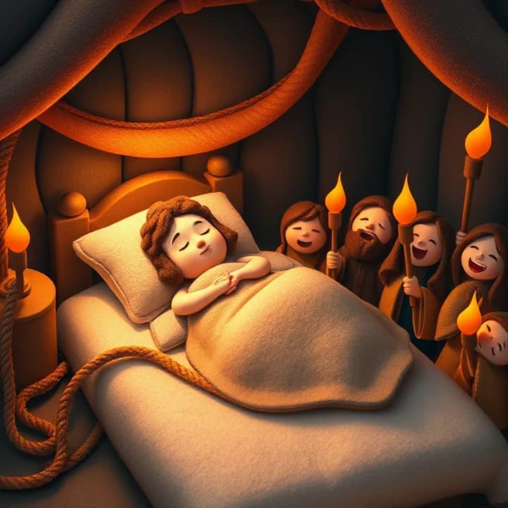 Felt and wool illustration: Samson sleeping on a bed, surrounded by ropes and a group of laughing people (Philistines) holding torches. The room is dark with orange firelight.