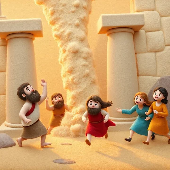 Felt and wool illustration: Samson pushing two pillars, causing them to crumble. Dust particles in the air, and people running in panic with bright red panic expressions.