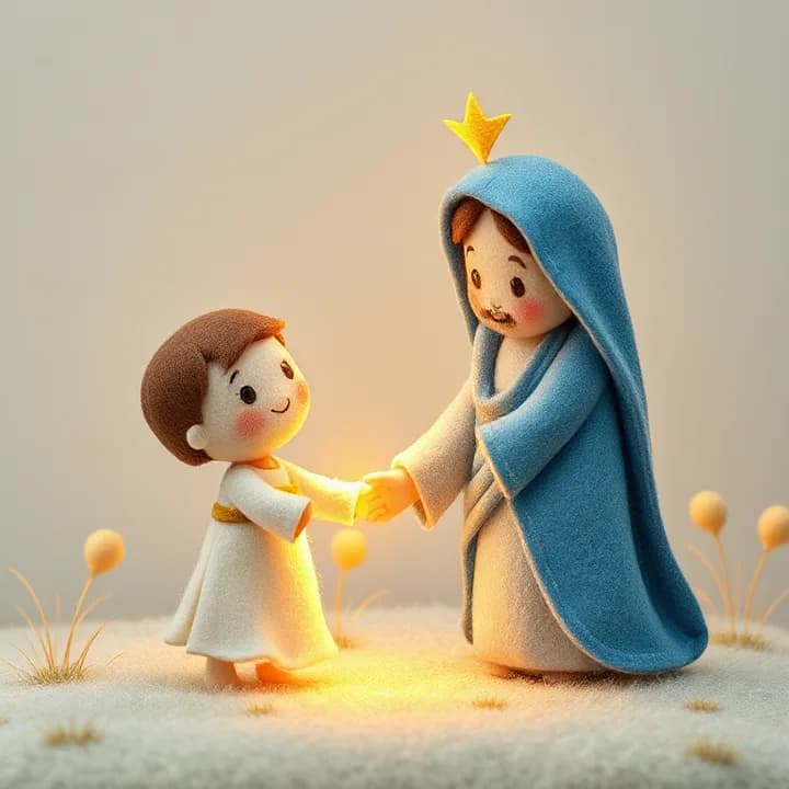 Felt and wool illustration: A peaceful scene with a child (representing the reader) holding hands with a figure (Dios) who has a glowing hand. Soft blue and gold colors.