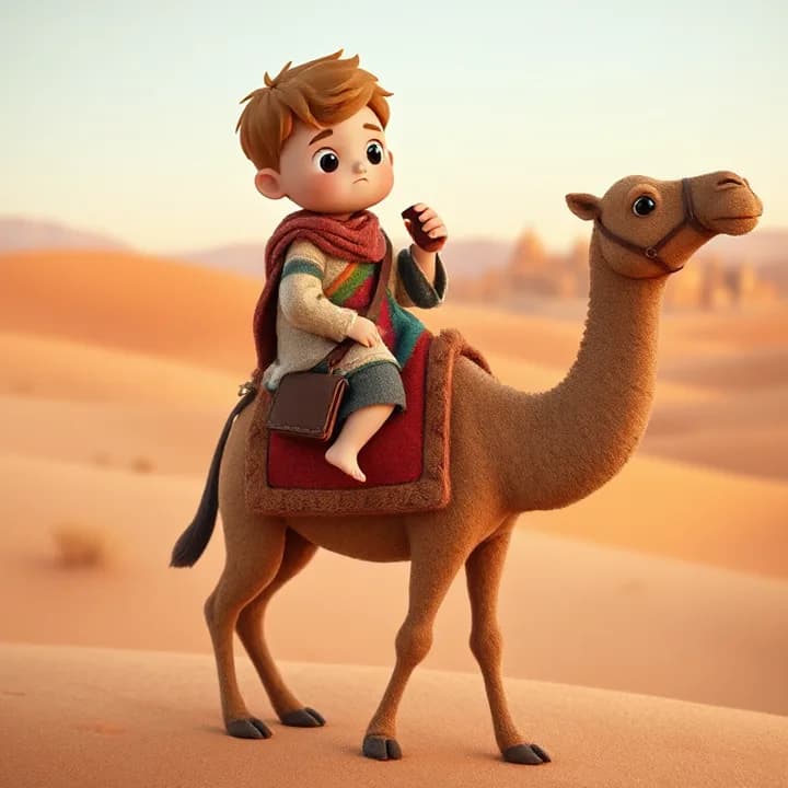 Felt and wool illustration: A young boy in a multicolored tunic riding a camel through a desert, holding a satchel, with a worried expression as he looks back at a city in the distance.