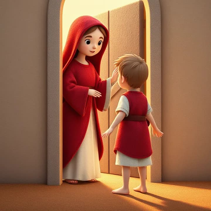 Felt and wool illustration: A woman in a red robe standing in a doorway, reaching toward the boy's tunic, which is torn at the hem, while the boy backs away with wide eyes and outstretched hands.
