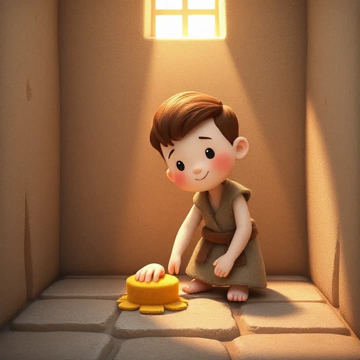 Felt and wool illustration: The same boy now wearing simple prison clothes, scrubbing a stone floor with a sponge, with a faint smile as a beam of sunlight breaks through a tiny window above.