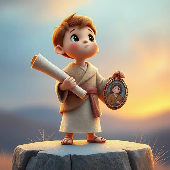 Felt and wool illustration: The boy standing on a stone platform, holding a rolled-up scroll in one hand and a locket with a family portrait in the other, with soft blue and gold light glowing around him as he looks upward.
