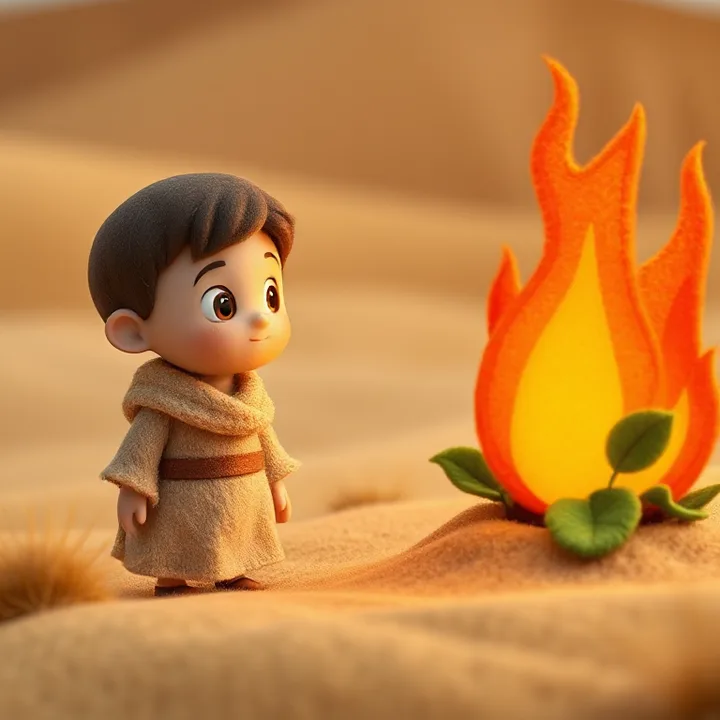 A wool and felt scene: a boy in simple shepherd clothes, wide-eyed, looking at a burning bush in the desert. The bush has bright orange flames but green leaves. Warm colors like yellow and red dominate.
