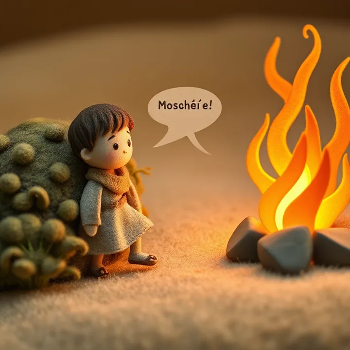A wool and felt scene: the boy steps closer to the bush, one foot raised. The flames look like dancing ribbons. A shadowy voice bubble says 'Moshé, Moshé!' in the fire.