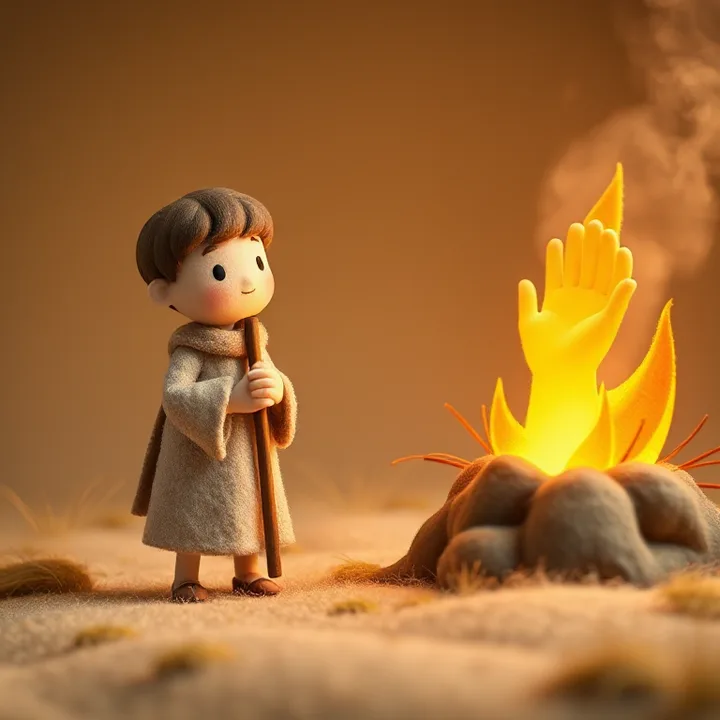 A wool and felt scene: the boy stands up, holding a shepherd's staff. The bush still burns but doesn't smoke. A glowing hand appears from the flames, reaching toward him.