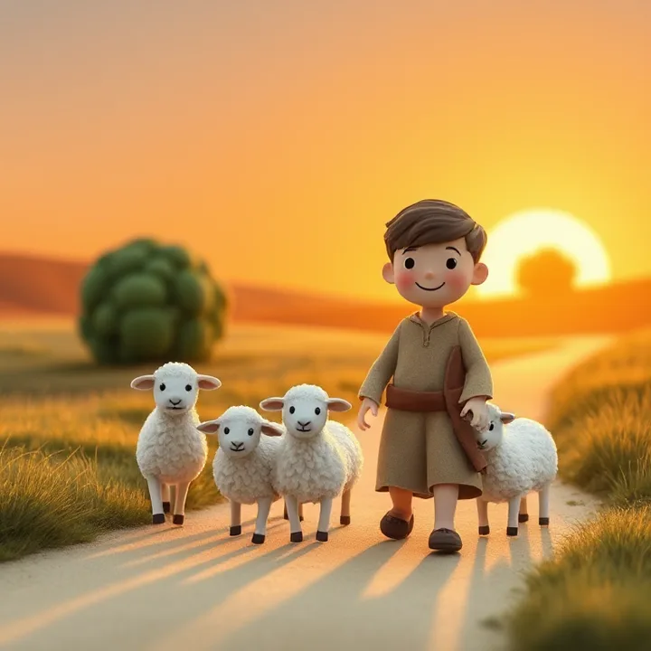 A wool and felt scene: the boy walks with his sheep, smiling. The sun sets behind him, casting long shadows. The burning bush is now just a regular bush in the distance.