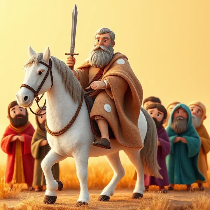 Felt and wool illustration: A strong man with white patches on his skin, riding a white horse, holding a sword, surrounded by worried servants in colorful robes