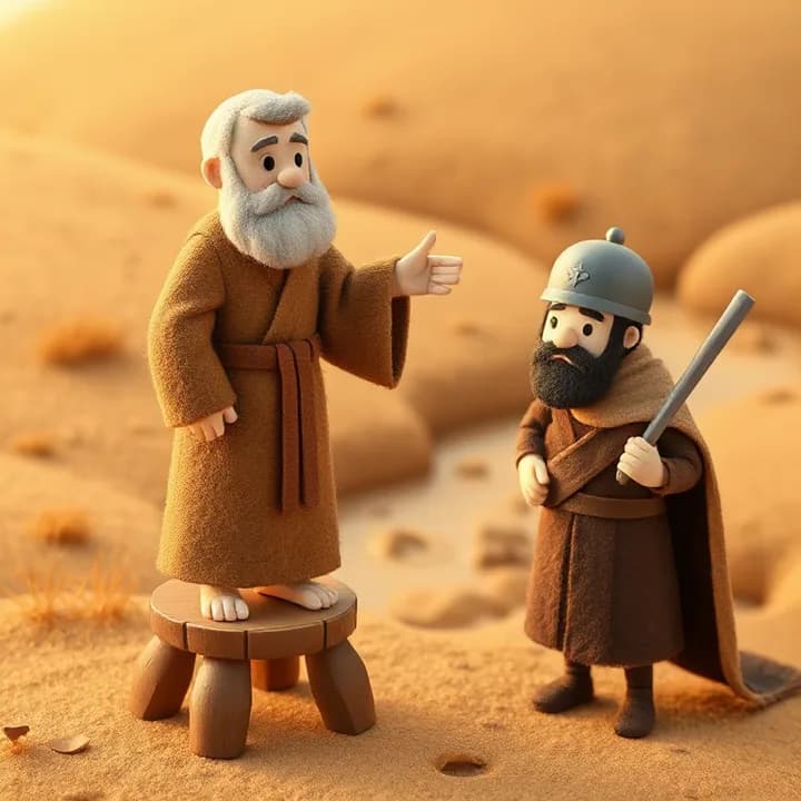Felt and wool illustration: The prophet in a simple brown robe, standing on a wooden stool, pointing to a muddy river while a confused soldier frowns