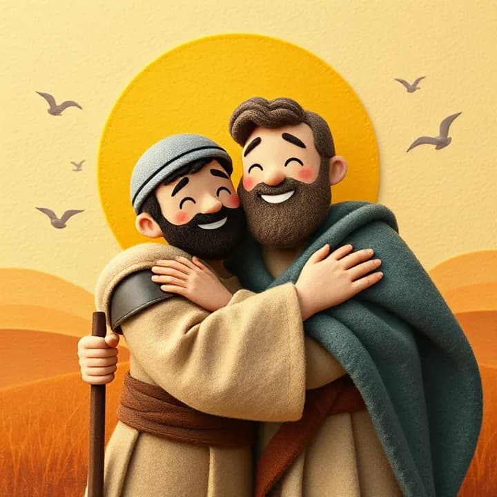 Felt and wool illustration: The healed soldier hugging the prophet, both smiling, with a golden sun in the background and birds flying