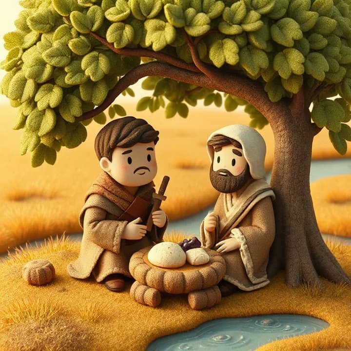 Felt and wool illustration: The soldier and prophet sitting under a tree, sharing a meal of bread and grapes, with a river flowing nearby