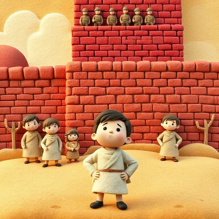 Felt and wool illustration: A tall red brick wall with soldiers on top, kids in simple clothes looking up, a worried Josué in front with hands on hips