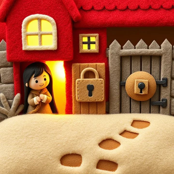 Felt and wool illustration: Two spies hiding in a red house, a woman with a rope in hand, city gates with a giant lock