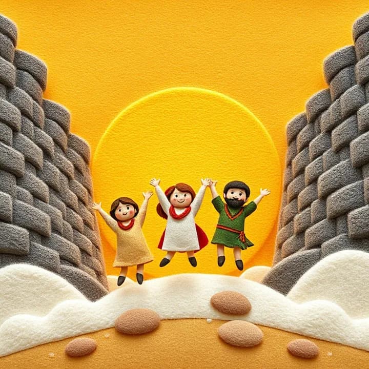 Felt and wool illustration: Walls crashing down like toothpicks, people jumping up with open arms, golden sun behind