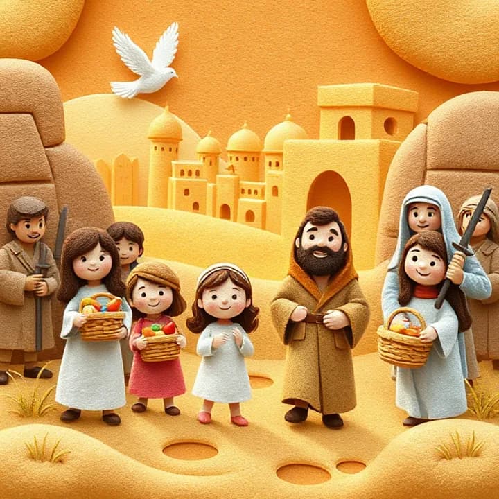 Felt and wool illustration: Children and adults entering city with food baskets, soldiers smiling, a dove flying over