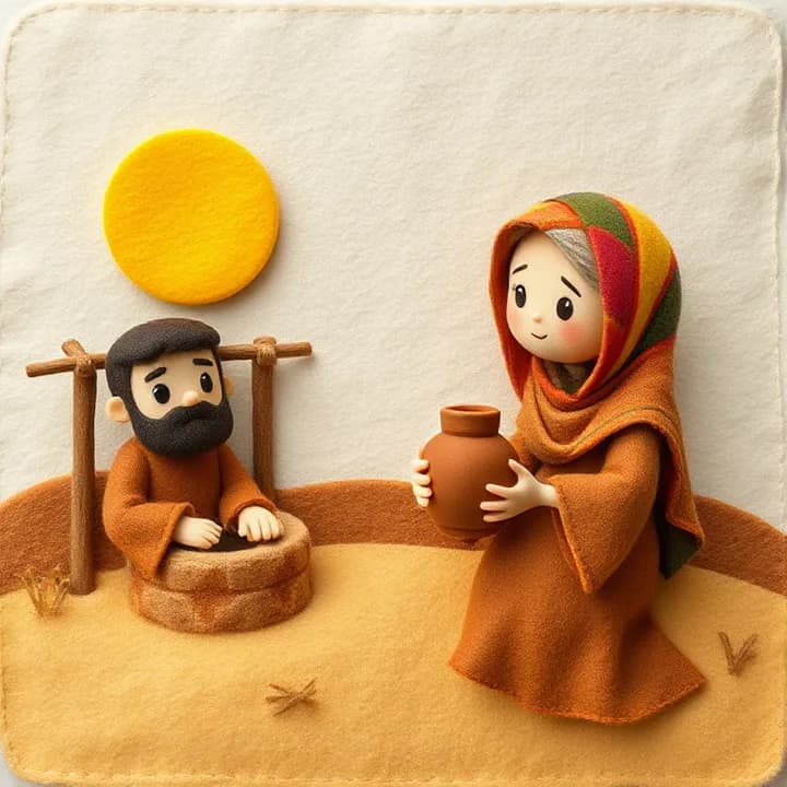 Felt and wool illustration: A man in a brown robe sits by a dry well under a yellow sun, a woman in a colorful headscarf approaches with a clay jar, both expressions curious.
