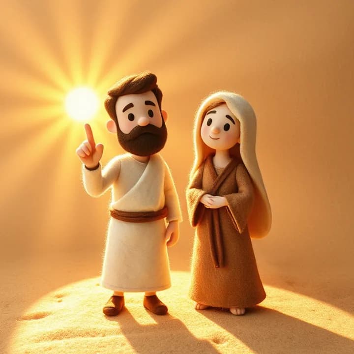 Felt and wool illustration: The man gestures with one finger, the woman tilts her head, sun rays highlight his face, shadows stretch on the dusty ground.