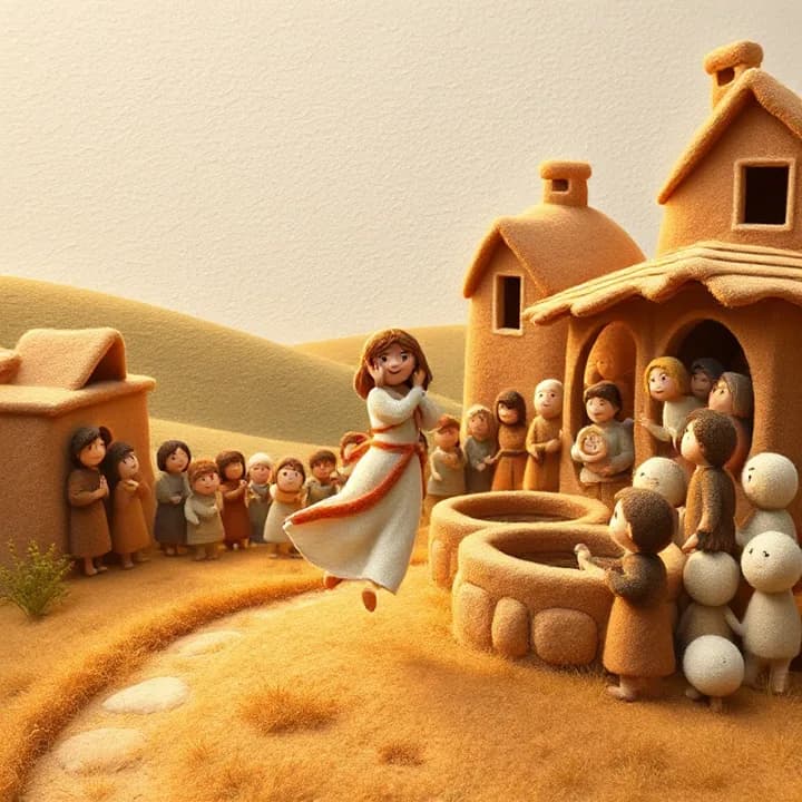 Felt and wool illustration: The woman runs toward a village, arms raised, people peek from clay houses, a crowd forms around the well.