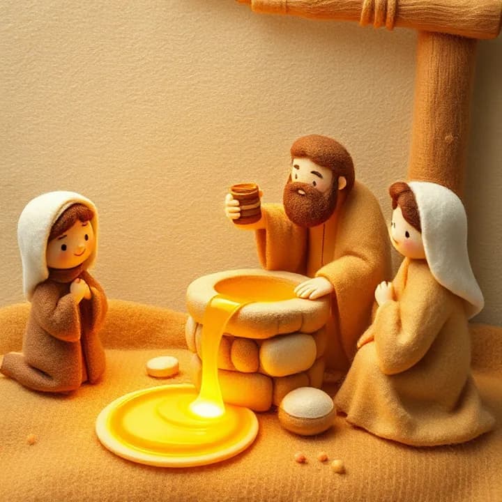 Felt and wool illustration: The man drinks from a jar, people kneel around him, water flows in a golden stream, the well glows softly.
