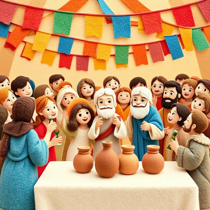 Felt and wool illustration: A joyful crowd at a wedding, guests dancing under colorful banners, a worried host holding an empty wine jar, and Jesus with His disciples at a table with clay jugs.