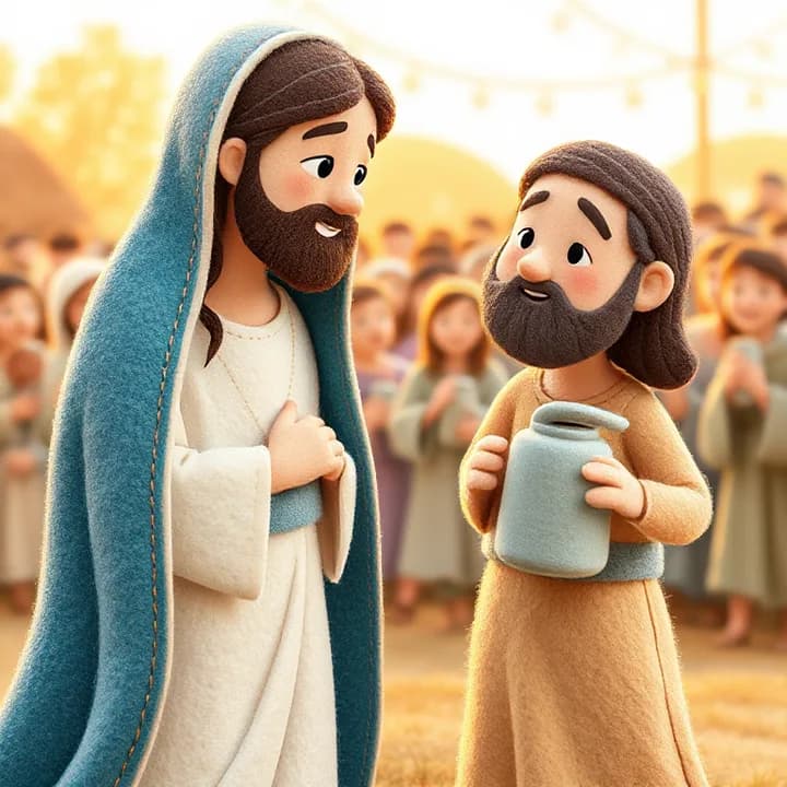 Felt and wool illustration: Mary urgently talking to Jesus, who tilts His head with a calm expression, while servants run with empty jugs and a crowd hums festive music in the background.