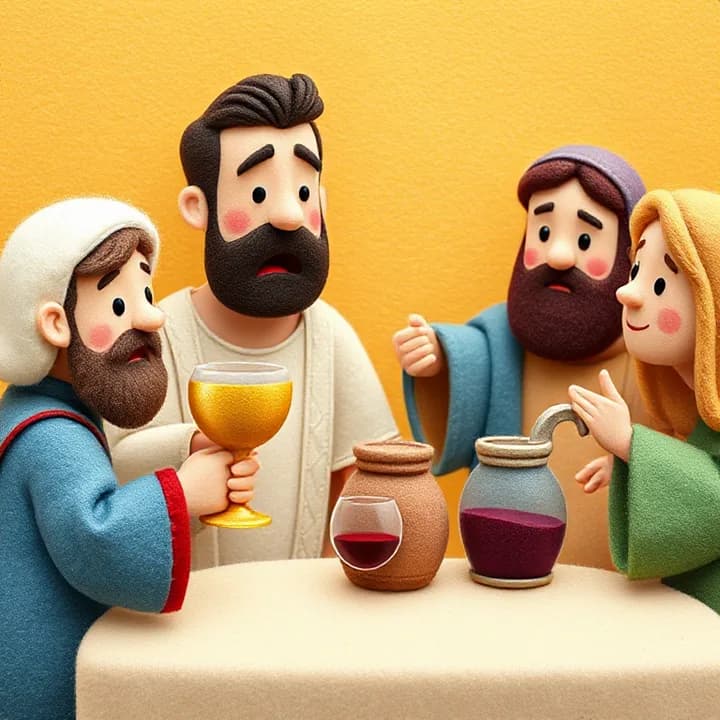 Felt and wool illustration: A stunned host holding a golden goblet, tasting red wine, with guests cheering and a servant pouring wine from the same jars that once had water.