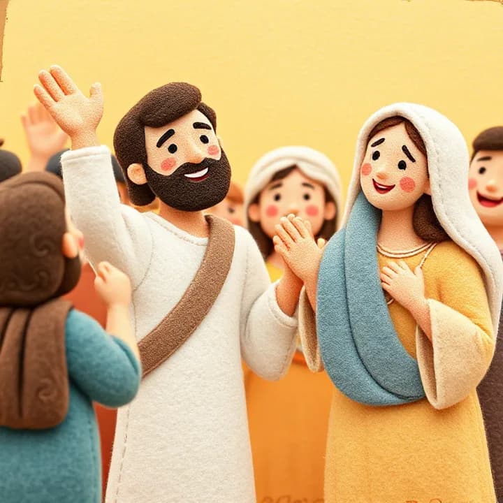 Felt and wool illustration: The crowd raising their hands in joy, the host laughing, and Jesus gently touching His mother's shoulder as she smiles with relief.