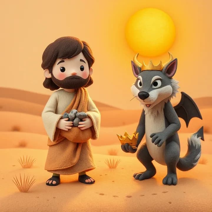 Felt and wool illustration: A young Jesus with dusty clothes, standing in a dry desert with a bag of stones, a wolf-like devil with a golden crown in his paw, under a burning sun