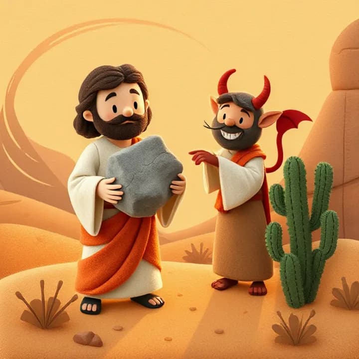 Felt and wool illustration: Jesus holding a rock, the wolf devil pointing at him with a sinister grin, swirling desert winds and cactus shadows