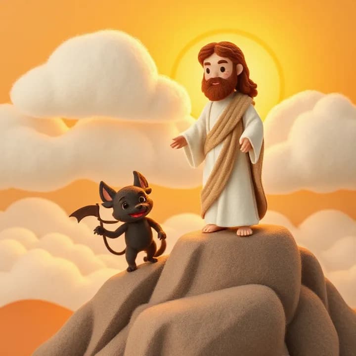 Felt and wool illustration: Jesus standing firmly on a mountain, the wolf devil falling into the clouds, with a bright sunrise behind him