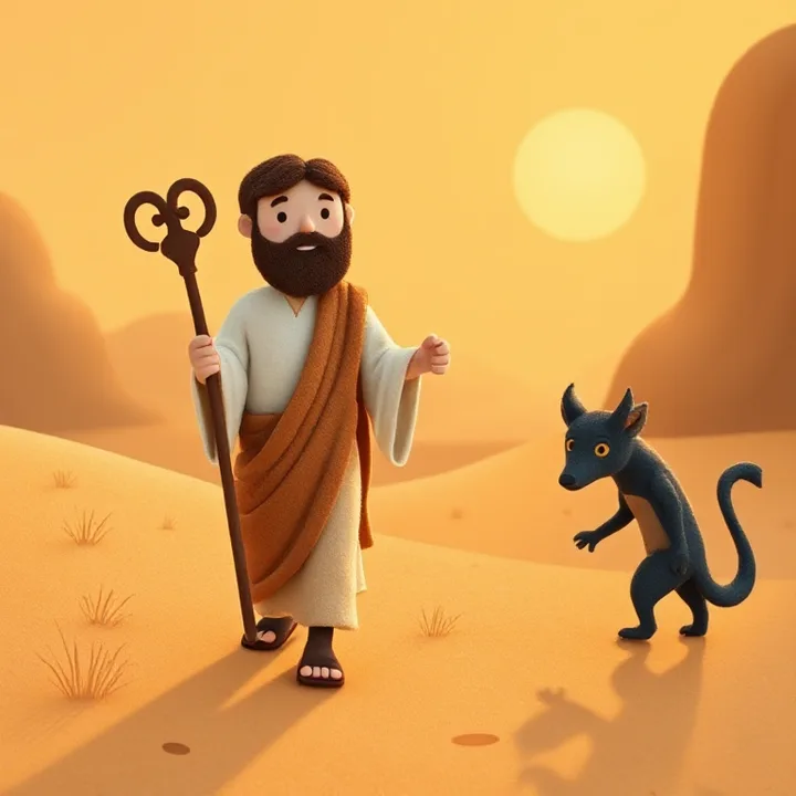 Felt and wool illustration: Jesus walking confidently through the desert, holding a staff, with the wolf devil shrinking into a small shadow