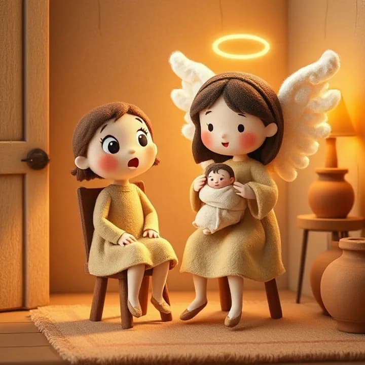 Felt and wool illustration: A young girl with a surprised face, sitting on a simple wooden chair in a warm room. A glowing angel with wings appears beside her, holding a baby wrapped in cloth. The room has clay pots and a clay lamp.