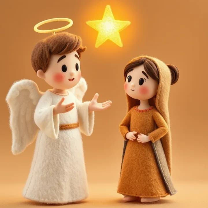 Felt and wool illustration: The angel gestures with open hands, explaining something to the girl. The girl tilts her head in confusion, her hands on her hips. A glowing star shines above them.