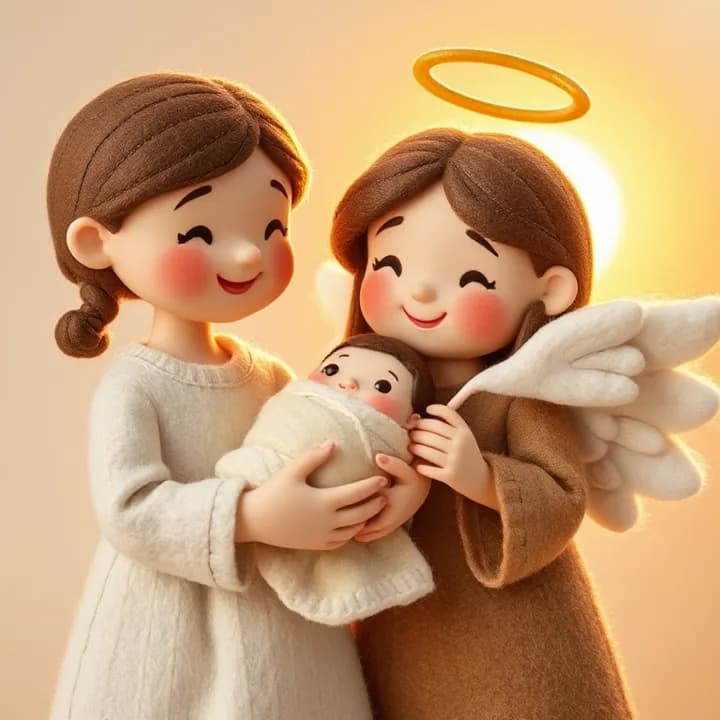 Felt and wool illustration: The girl now holds a baby wrapped in cloth. Her face shows joy and awe. The angel points to the baby with a wing, surrounded by golden light.
