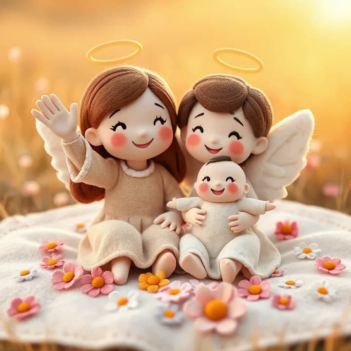 Felt and wool illustration: The girl and baby sit on a blanket with fresh flowers around them. The angel waves goodbye with a wing, smiling. The baby giggles with open arms.